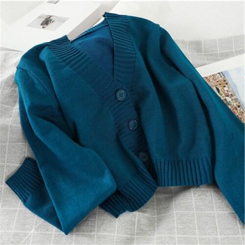 Autumn Newly Women Cardigans 2020 Fashion Loose Ladies Short Knitted Sweater Long Sleeve Buttons V neck Solid Sweaters PZ3230