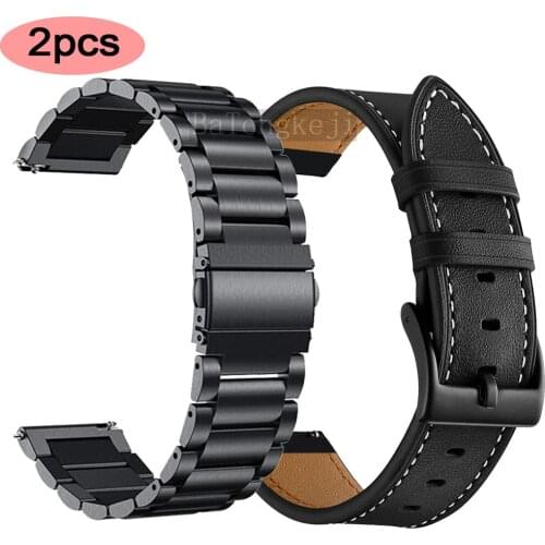 2pcs Metal strap+Genuine Leather band For Samsung Galaxy watch 3 45mm 41mm/Active 2 46mm/42mm Gear S3 Frontier 20 22mm bracelet