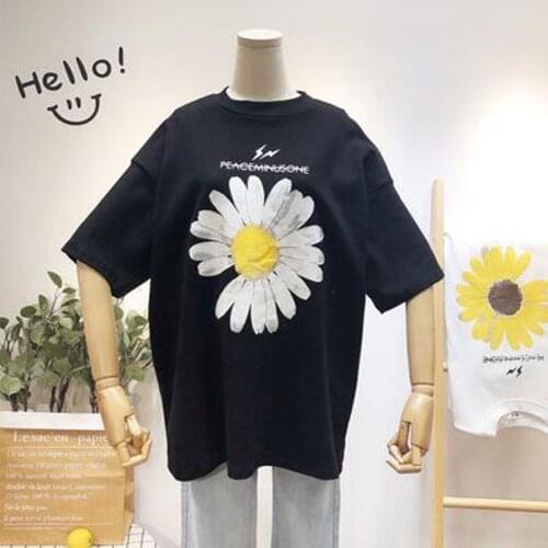 Fashion Flower Print T shirts Women High Quality Short Sleeve Round Neck Women Tops Casual Loose T shirt Woman