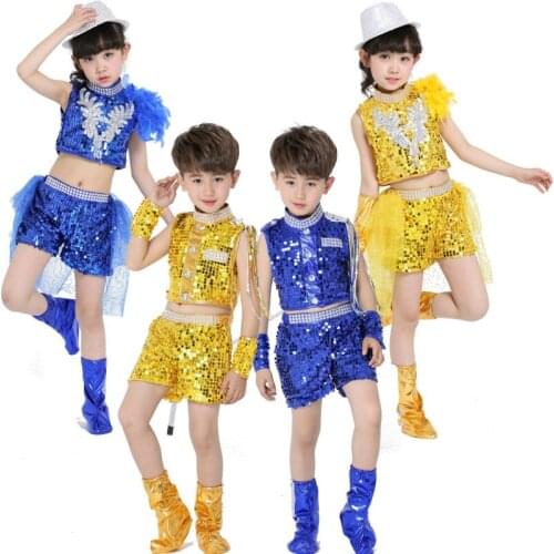 New Arrival Blue Yellow Red Sequin Sexy Boy Girls Performing Dance Costumes Clothing And Child Boy Girls Jazz Dance Costumes