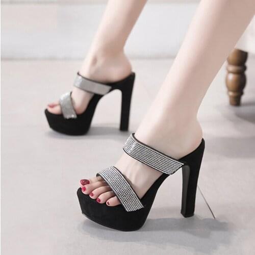 Summer Shoes Woman Footwear Peep Toe Chunky Heel Women Rhinestone Sandals Female Casual Comfortable Thick Heels Slippers 14cm