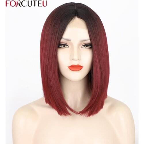 12 Inches Synthetic Straight Short Wig Bob Middle Part For Womens Wig Nature Heat Resistant Black Red Cosplay Wig