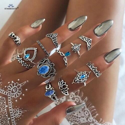 Starose 13 pcs/lot Turtle Heart Blue Gem Thin Finger Rings Set Lotus Female Joint Ring Crown Toe Knuckle Rings for Women Jewelry