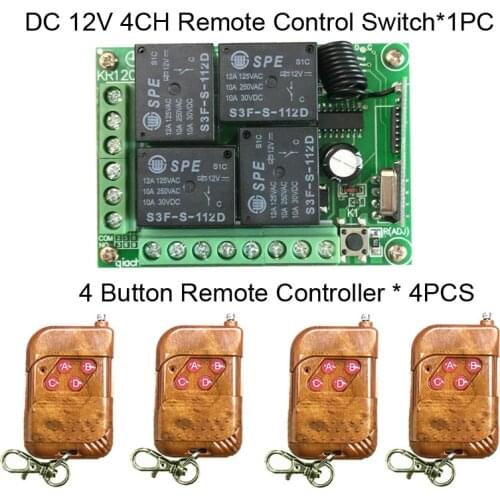 433MHz Universal Wireless Remote Control Switch DC 12V 4CH Relay Receiver Module RF 4 Button Light Gate Garage Remote Control