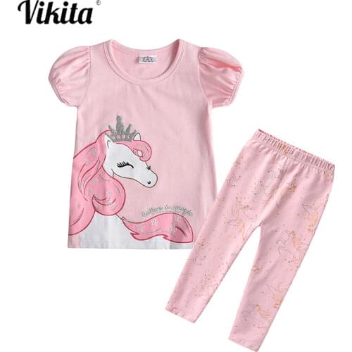 VIKITA Girls Clothing Sets Summer Children Unicorn Clothes Cotton Short Sleeve Tees + Trousers Pants 2pcs Kids Clothes Sets