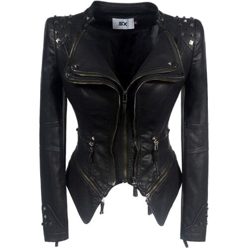 Womens autumn style shrug rivet Slim waist washed leather motorcycle leather PU faux leather jackets Y797