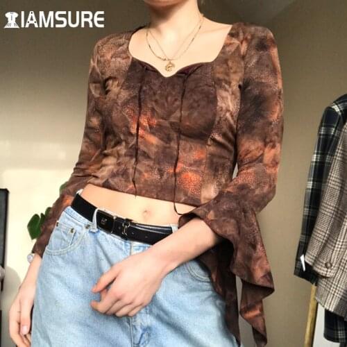 IAMSURE Grunge Fairycore Ruffles T Shirt Women Vintage Square Collar Butterfly Sleeve Tees Casual Autumn Spring Crop Tops 2021