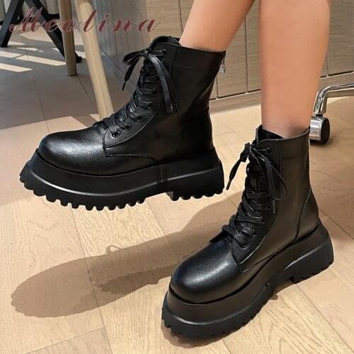 Meotina Women Fashion Motorcycle Boots Platform Flat With Shoes Round Toe Zipper Lady Ankle Boots Flat Short Boots Autumn Winter