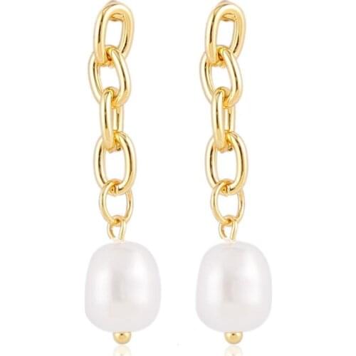 New Golden Color Metal Chains Imitation Baroque Pearl Drop Earring for Women Girls Fashion Voho Lovely Geometric Dangle Jewelry