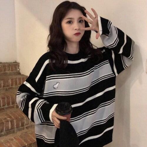 Women Sweater Autumn Vintage College Loose Striped Long Sleeve Sweater 2020 Korean Punk Harajuku Women Clothing Thin Sweater