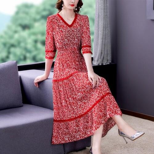 Summer Boho Red Floral Chiffon Beach Midi Dress 2021 Casual Vintage 4XL Plus Size Midi Dress Elegant Bodycon Party Women Vestido