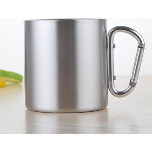 100pcs Portable Carabiner Handle Cup Stainless Steel Foldable Mug 220ml Outdoor Camping Clip Hook Mugs ZA6329