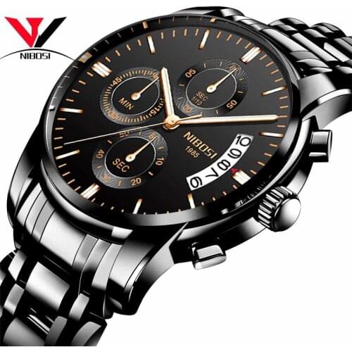 2018 Black Mens Watches Top Brand Luxury Chronograph Wrist Watch Waterproof Full Steel Sports Clock Man Relogio Masculino NIBOSI