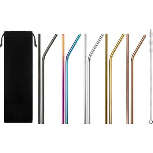 4pcs Eco Friendly Reusable 6mm Straw 304 Stainless Steel Straw Metal Smoothies Drinking Straws Set with Brush & Bag