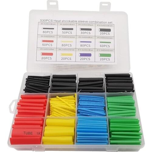 530Pcs/Box Heat Shrink Tube Insulation Shrinkable Sleeving Assorted Heat Shrinkable Sleeve Set Krimpkous Tubing Wire Cable 2:1s