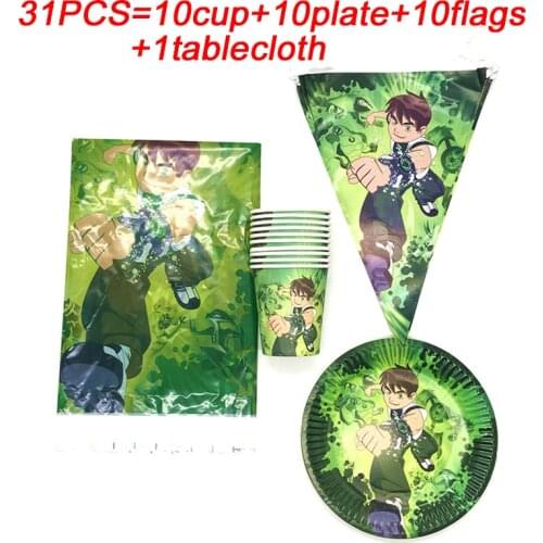 Ben 10 Theme Party Supplies Cup Plates Tablecloth Disposable Tableware Baby Girl Birthday Party Decorations Banners Flags