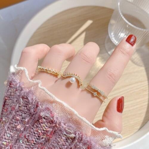 French 14K Real Gold Noble New Pearl Design Wavy Double Zirconia Bow Ring Wedding Bridal Jewelry Girl Date Birthday Gift