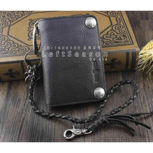 Brand High Quality Tow Snap Button Black Mens Leather Wallet Purse With Chain