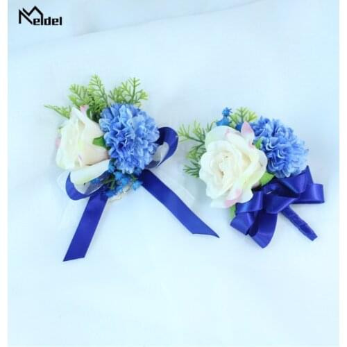 Meldel Silk Rose Blue Groom Boutonniere Flowers Rose Bridesmaid Brooch Wedding Wrist Corsage Bracelet Prom Marriage Accessories
