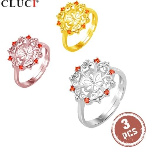 CLUCI 3pcs 925 Sterling Silver Zircon Ring for Women Wedding Silver 925 Pearl Ring Mounting Adjustable Flower Ring Gift SR2151SB