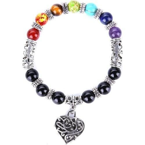 Druzy 6PC Natural Black Onxy Round Beads String Heart Pendant Bracelet Yoga Buddhism Seven Chakra Bracelets for Women
