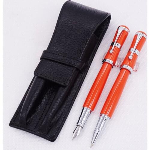 Fuliwen 2051 Orange Metal Fountain Pen & Roller Pen with Real Leather Pencil Case Bag Washed Cowhide Pen Case Holder Writing Set