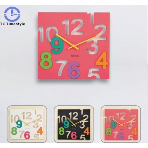Square Creative Fashion Mute Wall Clock Plastic Home Cartoon Decoration Pointer Digital Simple Atmosphere Cartoon Modern Design