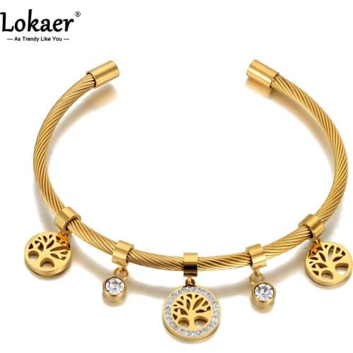Lokaer Fashion CZ Crystal Tree Charm Bangles Bracelets For Women Girls 316L Stainless Steel Bohemia Party Jewelry браслет B21048