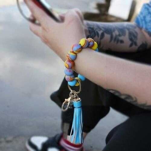 Fashion Silicone Wooden Beaded Wristlet Keychain Jewelry Tassel Round Ring Accessories Key Girl For Women K5K6