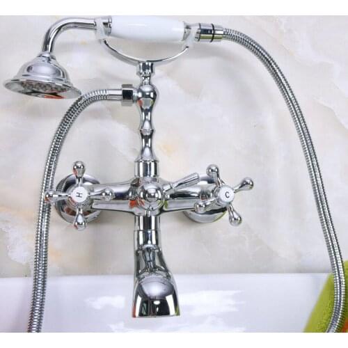 Polished Chrome Brass Double Cross Handles Wall Mounted Bathroom Clawfoot Bathtub Tub Faucet Mixer Tap w/Hand Shower ana188