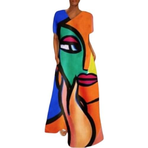 Plus Size Women Portrait Print Maxi Dress Short Sleeve Summer Hotsale Loose Long Boho Dresses With Pockets 3XL V-Neck Robe Femme