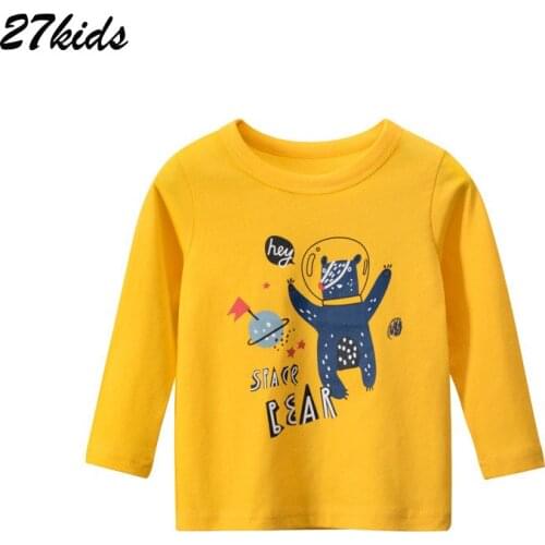 27kids Baby Boys Clothes Full Sleeves Cotton Shirt Cartoons Dinosaurs Spacewalk O-neck T Shirts teenagers Tops for 2-9 years