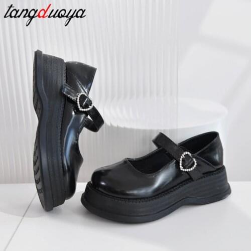 Platform Lolita Shoes Japanese Style Women Soft Leather Heel Shoes 2021 Ladies College Student Black Mary Jane Shoes Goth Punk