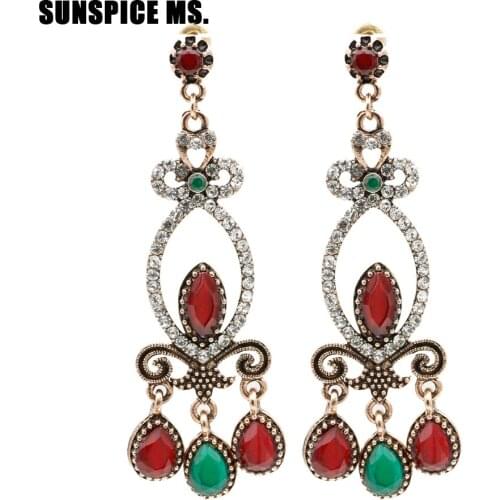 Turkish Women Vintage Long Dangle Earring WaterDrop Resin Hollow Round Rhinestone Retro Love Earring Ethnic Boho Wedding Jewelry