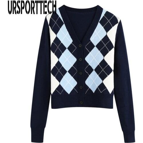 URSPORTTECH Women Sweaters 2020 Vintage Geometric Rhombic Knit Cardigan Sweater Women Fashion Autumn Warm Long Sleeve Outerwear