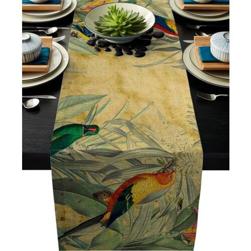 Spring Parrot Flowers Retro Brown Rustic Table Runner Home Dining Room Decor Placemat Coaster Wedding Party Table Runners