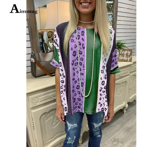 Aimsnug Ladies Elegant Chic Leopard Print T-shirt Patchwork Womens Top 2021 Summer New Loose Tees Shirt Casual Pullovers Femme