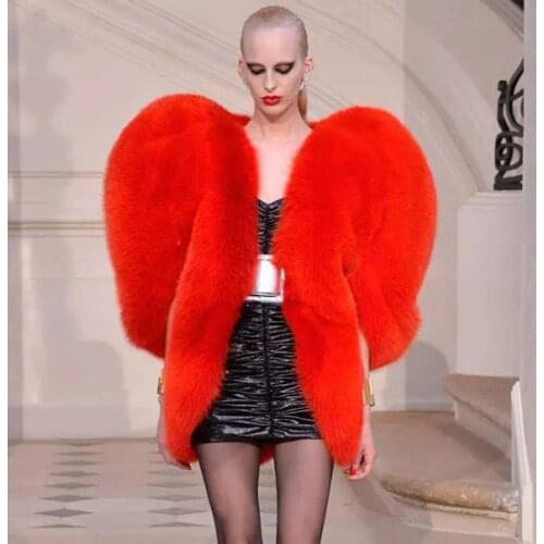 3D Red Love Heart Shaped Cape Faux Fox Fur Thick Warm Celebrity Women Long Hairy Shaggy Coat Jacket Outerwear Winter Tops