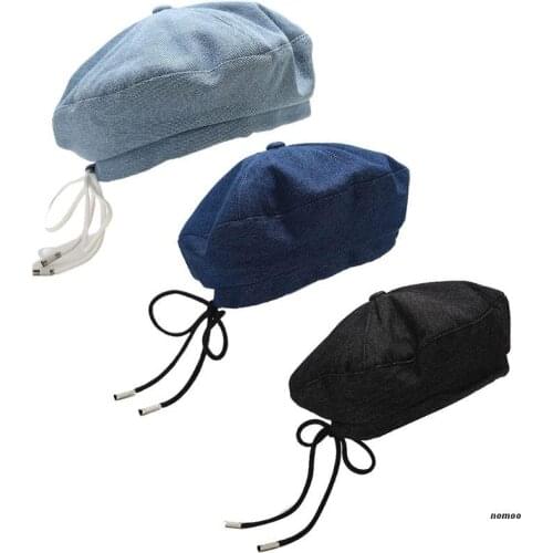Women Denim Cotton Beret Ribbon Lace-Up Bowknot Newsboy Painter Beanie Hat