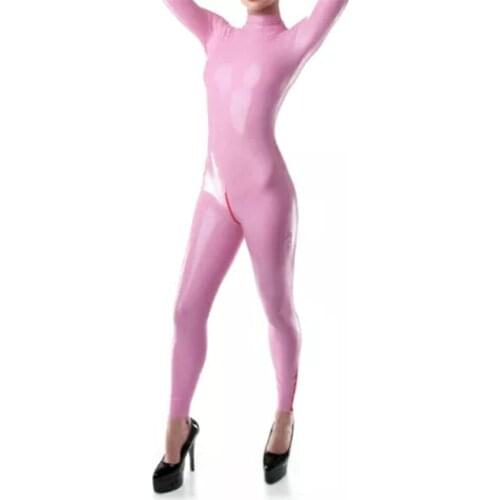 Pink Latex Catsuit Rubber Bodysuits with Zip Back Through Crotch Zentai Women Cosplay Costumes