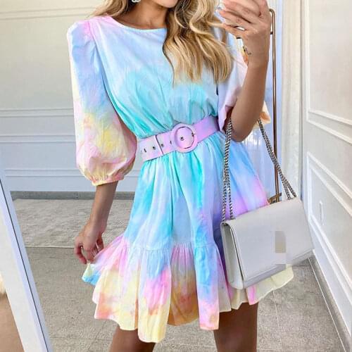 Vintage Dress Women 2021 Summer Fashion Tie-Dye Ruffles Dress High Waist Slim Floral Printed Mini Dress Women Sashes Vestidos