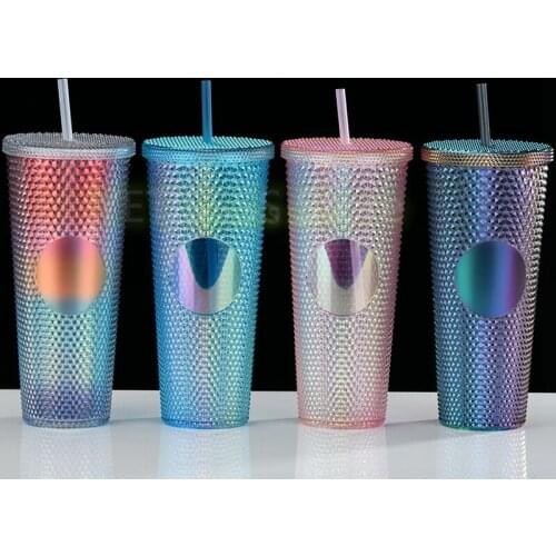 10pcs Double Studded Plastic Straw Cup Large Capacity Creative 710ml Durian Cup Portable Diamond Cup