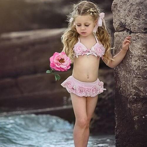 2019 Summer Baby Girls Swimsuits Pink Floral Two Piece Swimwear For Girl Imitation Pearls Bikini Set Children Kids Swimming Suit