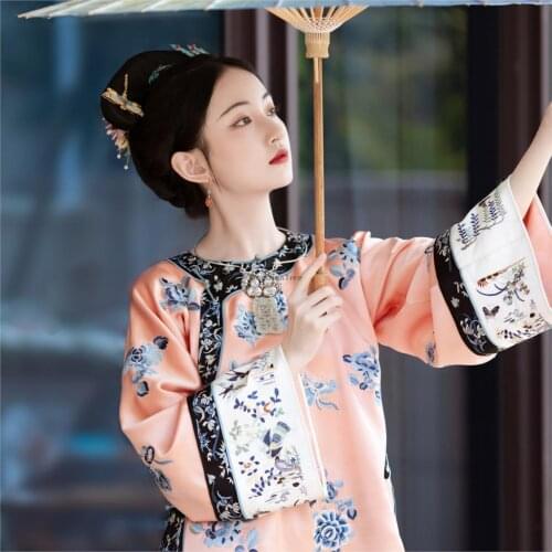 2021 female satin chinese traditional national tops loose hanfu blouse women vintage flower print blouse chinese hanfu shirts