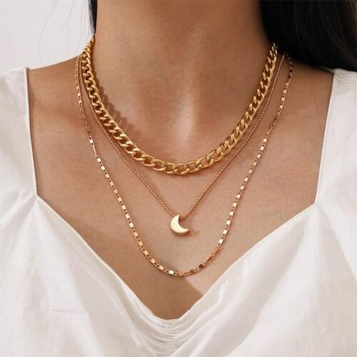 3 Pcs/Set Women Necklaces Set Gold Color Chain Moon Pendant Multilayer Clavicle Chain Summer Beach Classic Ladies Jewelry