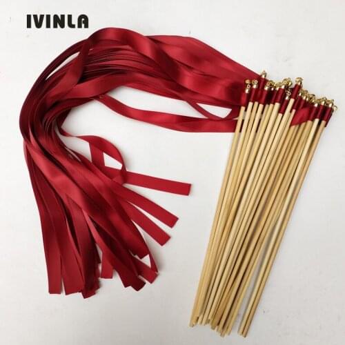 50pcs/lot Deep Red wedding ribbon wands With gold Bells for wedding party