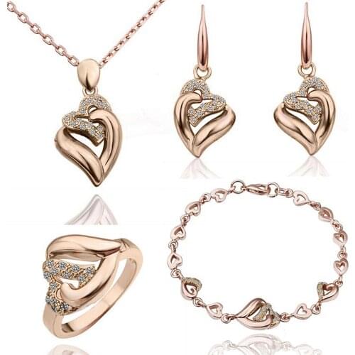 Womens Gold Filled shine Austrian Crystal heart shape Chain Necklace Earrings rings Jewelry Sets women gift