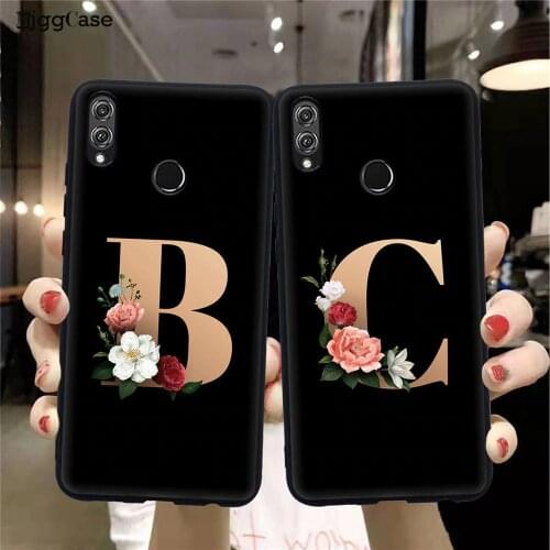 Letter Alphabet Flowers Print Floral Black Phone Case For Huawei Honor 9 10 20 Lite Pro 8X 8C 9X Back Cover soft Silicone Case