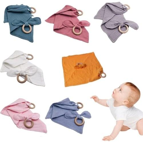 1Set Baby Cotton Bibs Beech Wooden Ring Pacifier Rabbit Ear Teether Saliva Towel