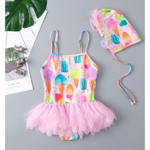 Kids Swimwear for Girls Ice Cream Print Swimsuits Cute Baby Bath Tub Cap Set Children Sling Mesh Toddler Girl Bathing Suit 2-5Y